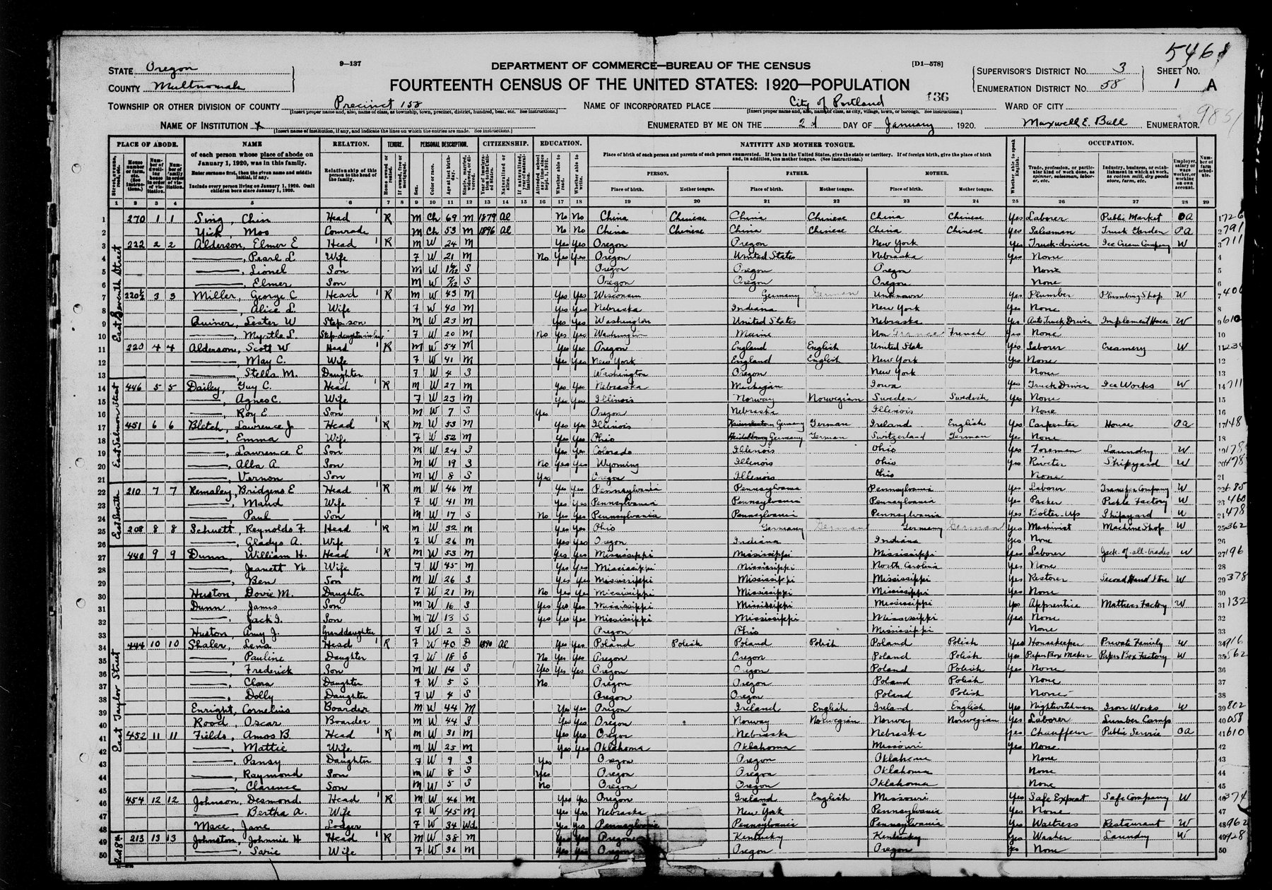 Scan of the record: United States, Census, 1920