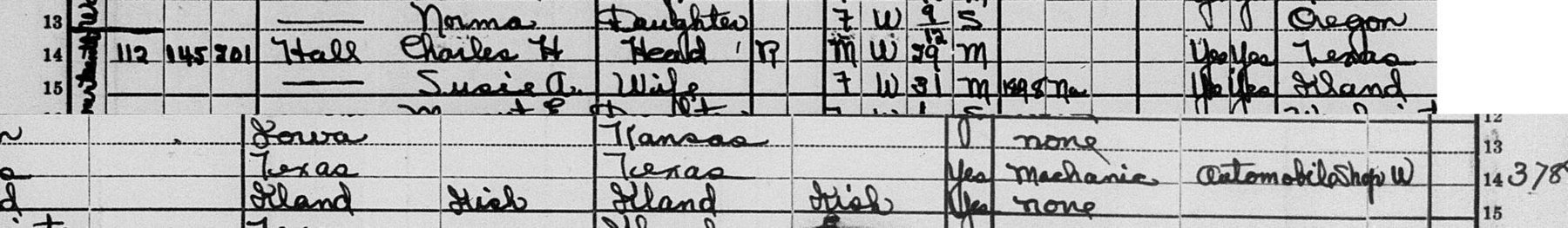 Scan of the record: Charles H Hall household, Vancouver, Clark, WA, ED 36, sheet 8A, line 15
