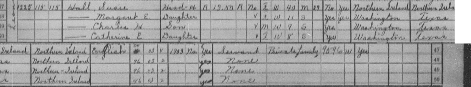 Scan of the record: Susie Hall household, Portland, Multnomah, OR, ED 26-472, sheet 2A, lines 47-50