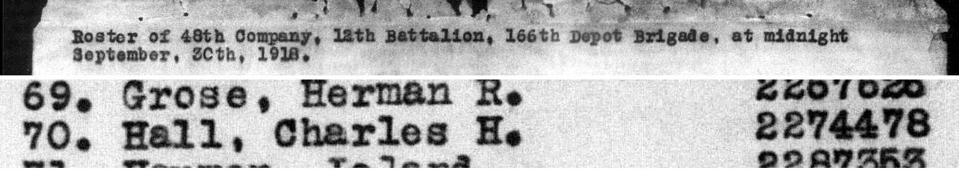 Scan of the record: Roster of 48th Company, 12th Battalion, 166th Depot Brigade, at midnight September 30th, 1918