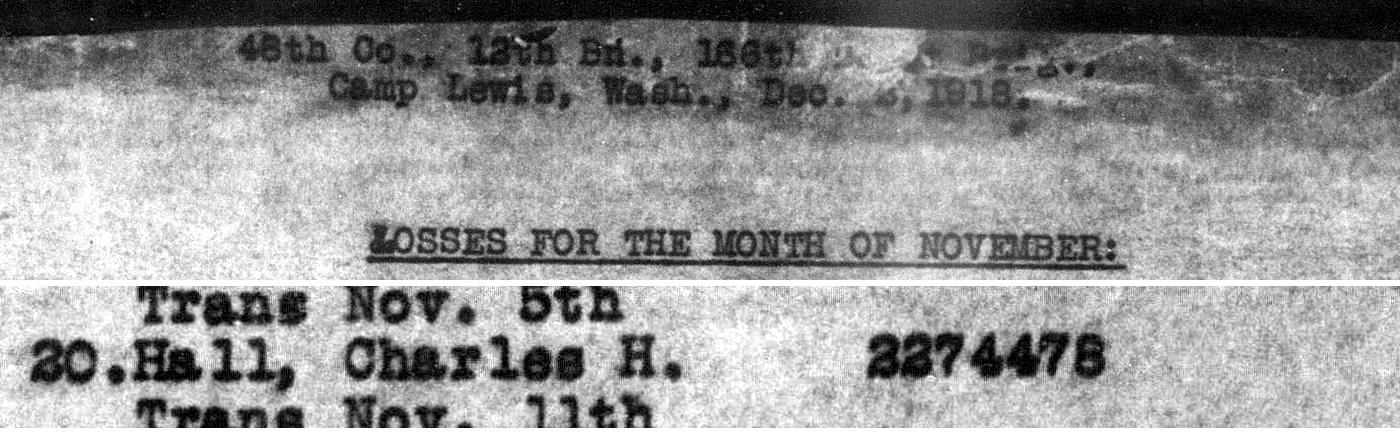 Scan of the record: 48th Co., 12th Bn., 166th D.B., Camp Lewis, Wash., Dec. [4?], 1918: Losses for the month of November