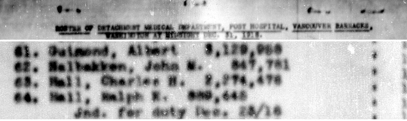 Scan of the record: Roster of Detachment Medical Department, Post Hospital, Vancouver Barracks, Washington at midnight Dec. 31, 1918