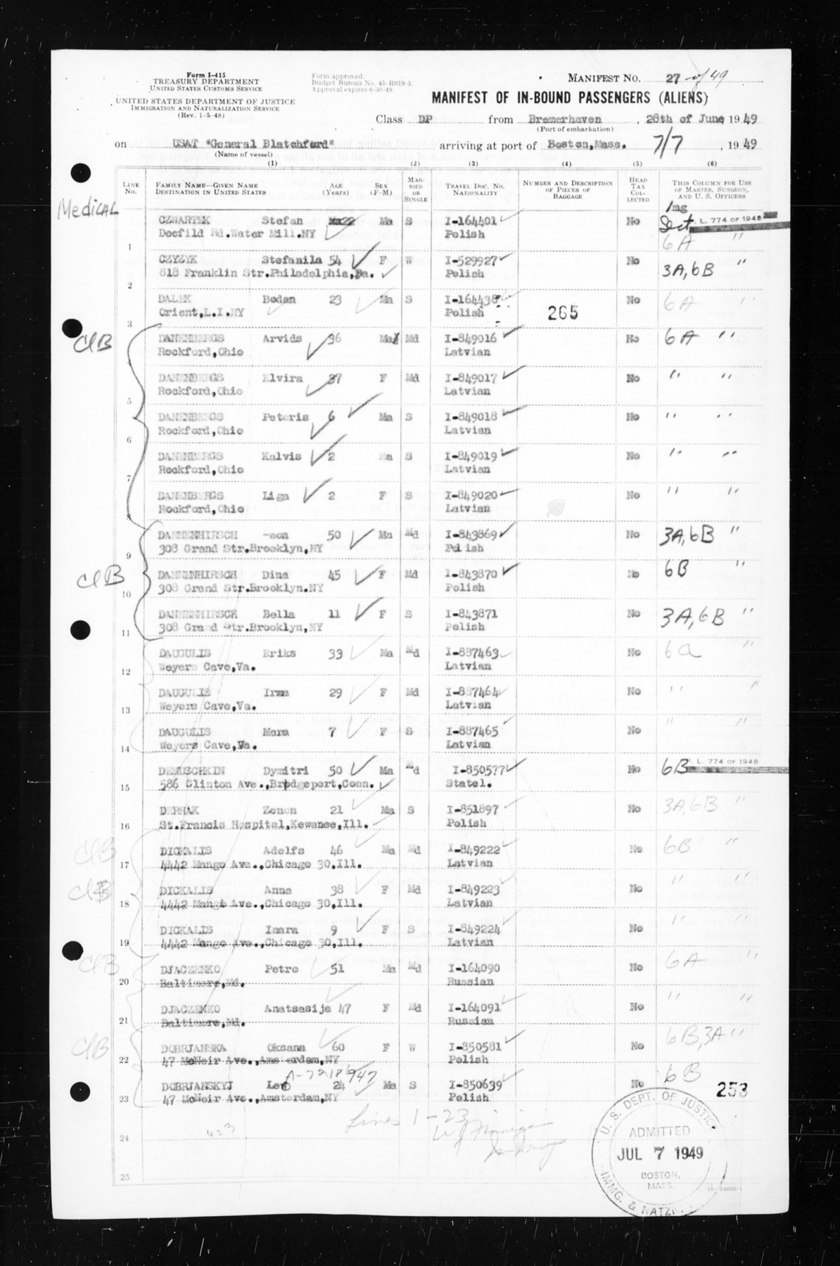 Scan of the record: Manifest of In-bound Passengers (Aliens), No. 27, USAT General Blatchford, Bremerhaven 28 June 1949 → Boston 7 July 1949