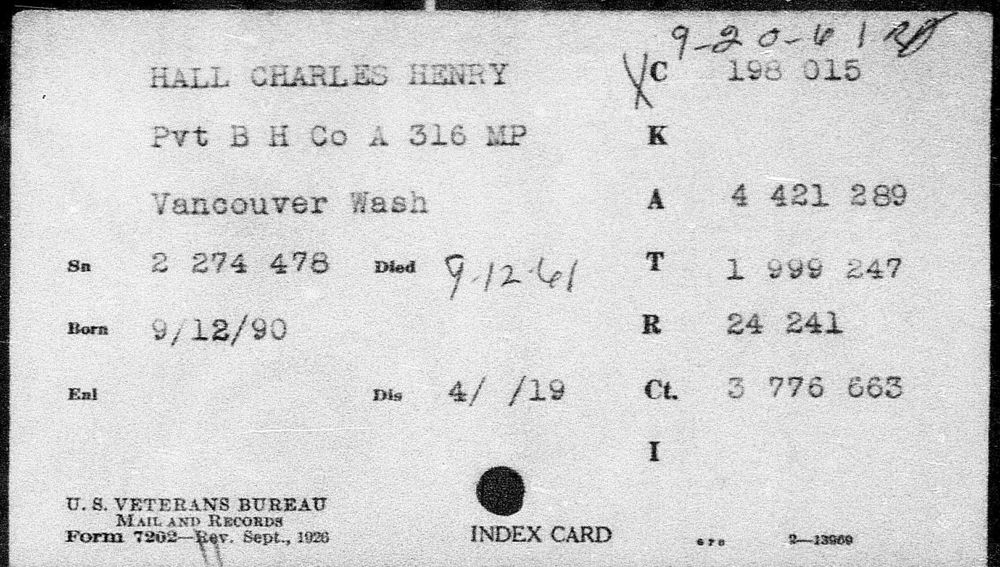 Scan of the record: Hall, Charles Henry, Vancouver Wash, b. 9/12/90