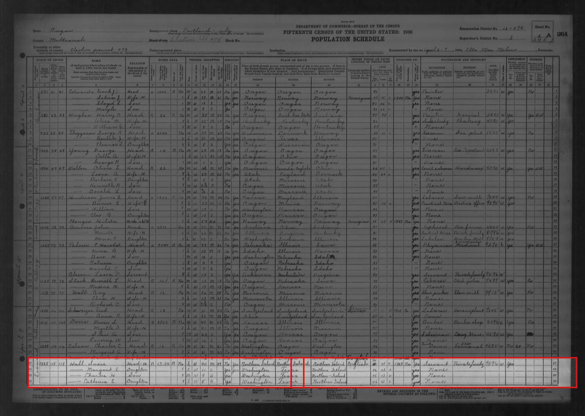 Full page of the record, with the part quoted outlined in red: Susie Hall household, Portland, Multnomah, OR, ED 26-472, sheet 2A, lines 47-50